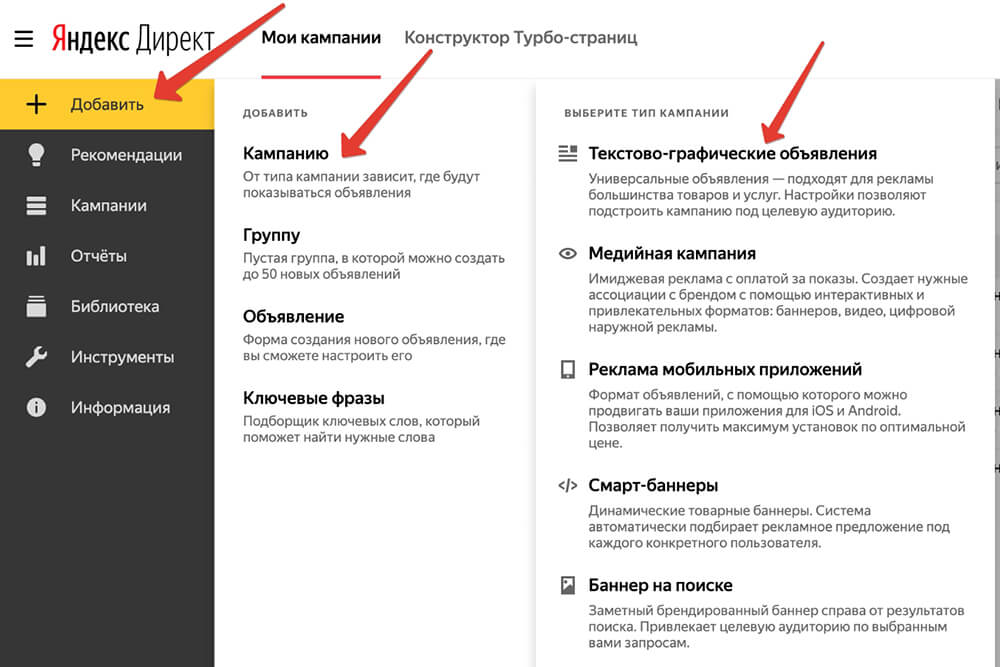 Начальное меню в Яндекс Директ